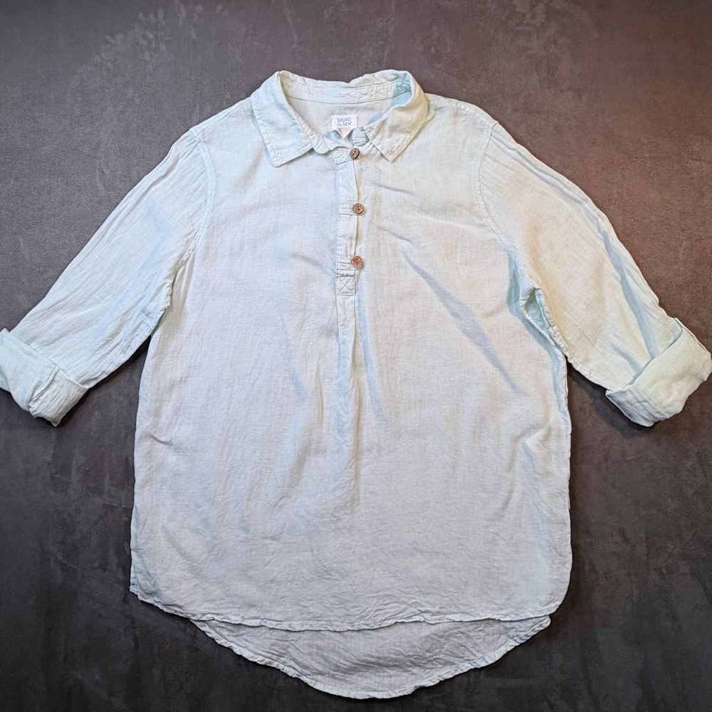 Sigrid Olsen Tunic Top Women M Mint Green 100% Linen Henley Long Sleeve Roll Tab